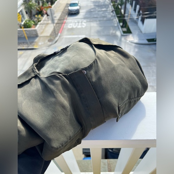 VINCE army green tab sleeve elastic waist silky shirt tunic dress szL officecore - Picture 3 of 10